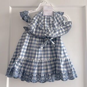 Mommy and me blue white gingham dress,hat shabby chic matching set 18 months